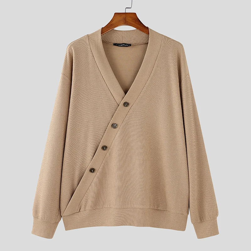 V-Neck Cardigan for Men - Diagonal Button Accent