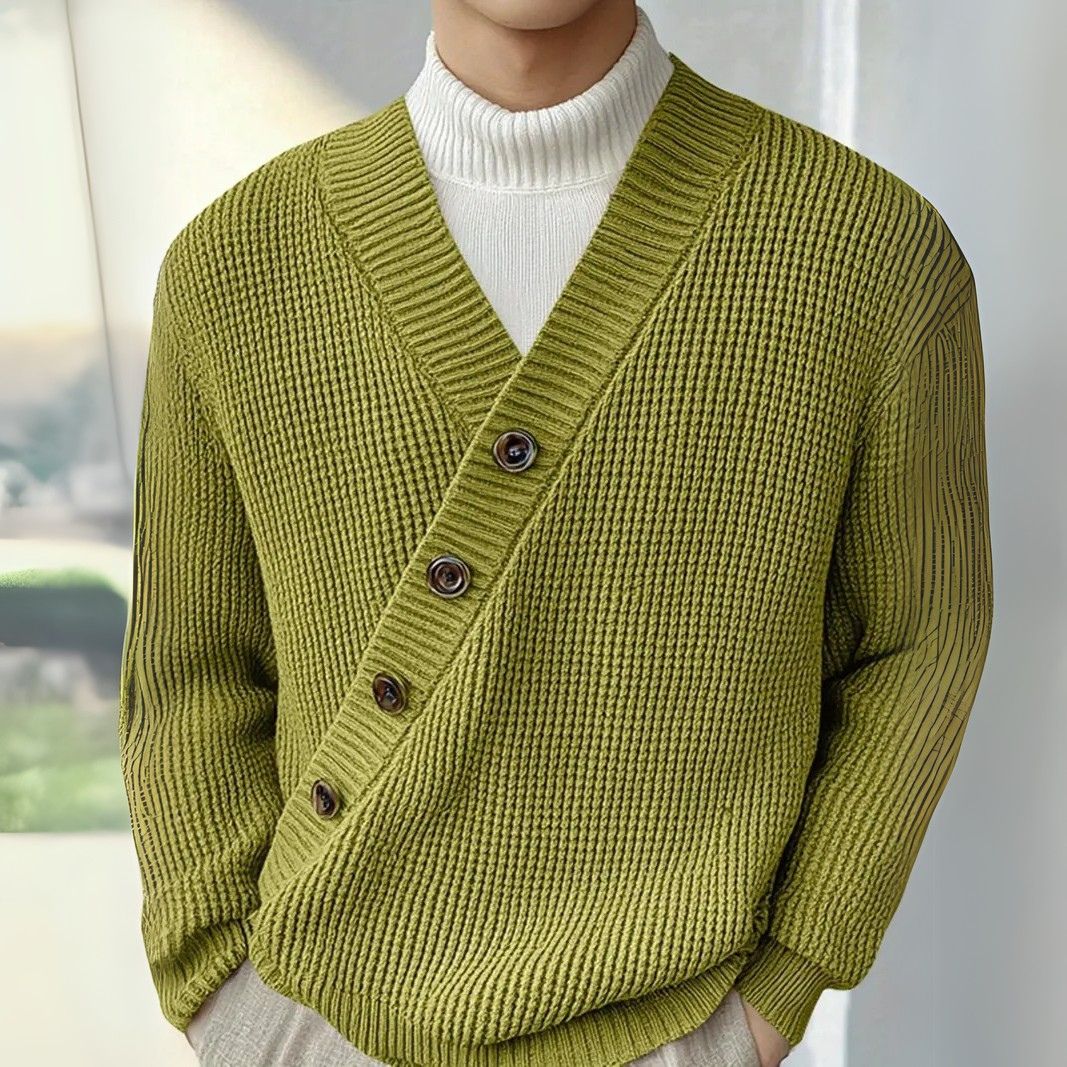 V-Neck Cardigan for Men - Diagonal Button Accent