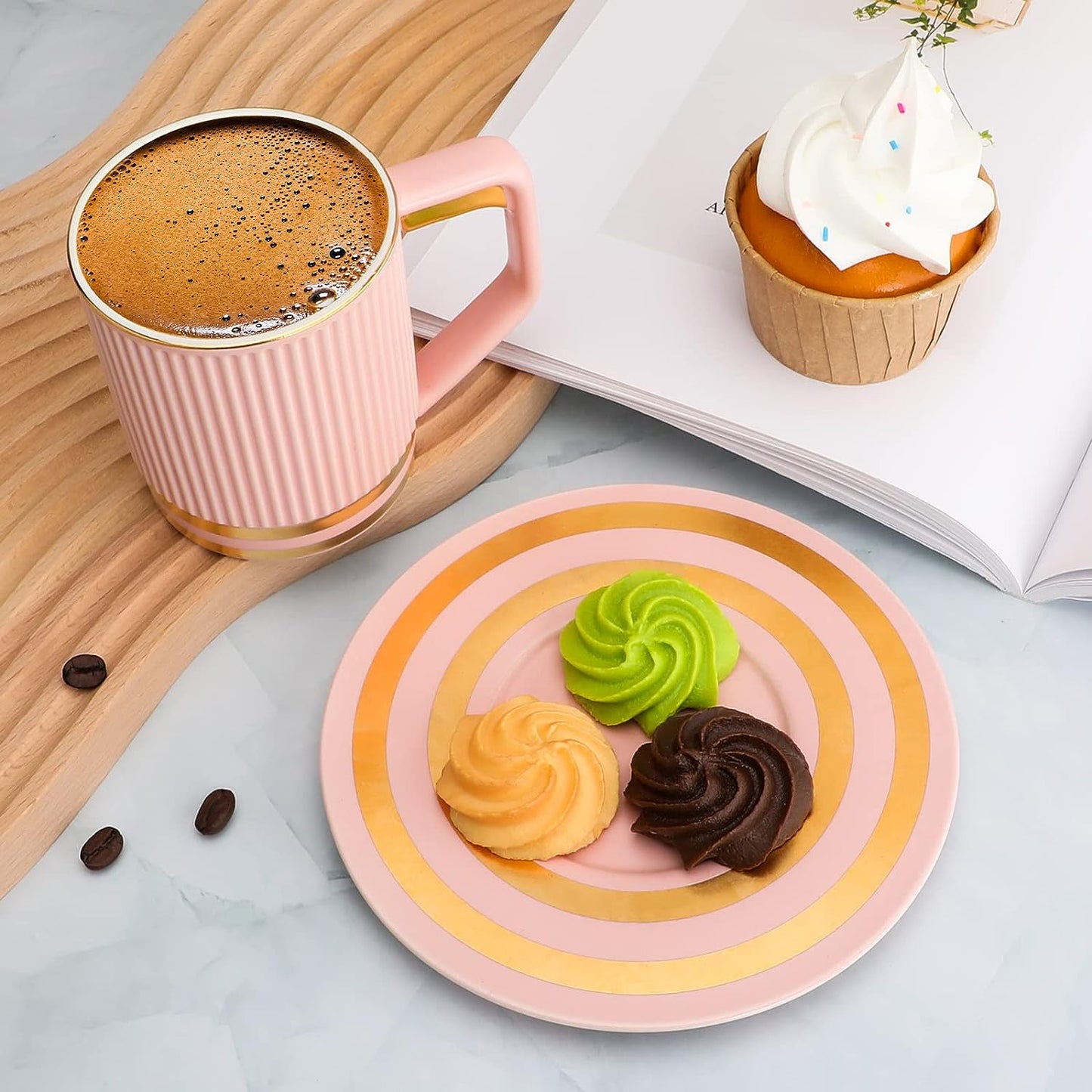 Elegant Sip: Ceramic Coffee Mug with Gold-Tinted Saucer