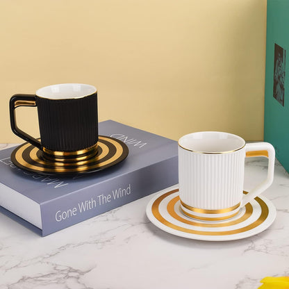 Elegant Sip: Ceramic Coffee Mug with Gold-Tinted Saucer