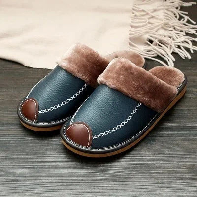 Gentleman's Retreat: Luxe Fleece-Lined PU Leather Winter Slippers