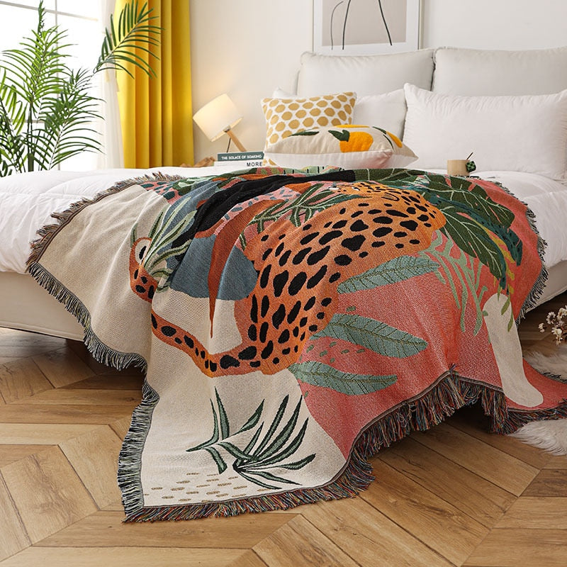 Jungle Allure: Leopard & Woman Inspired Double-Sided Cotton Blend Throw – A Bohemian Twist to Comfort