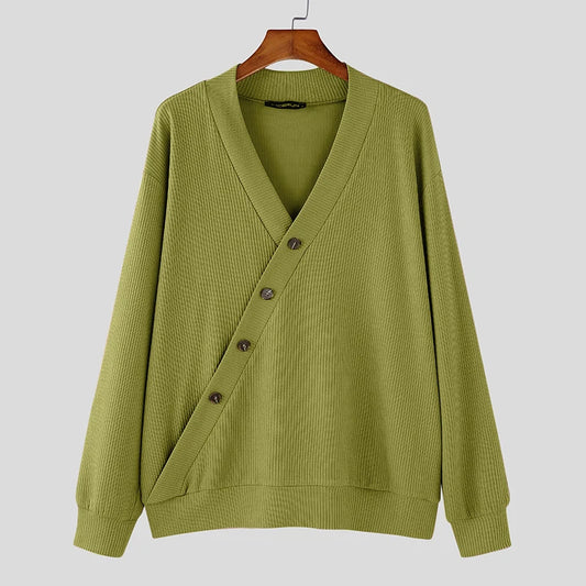 V-Neck Cardigan for Men - Diagonal Button Accent