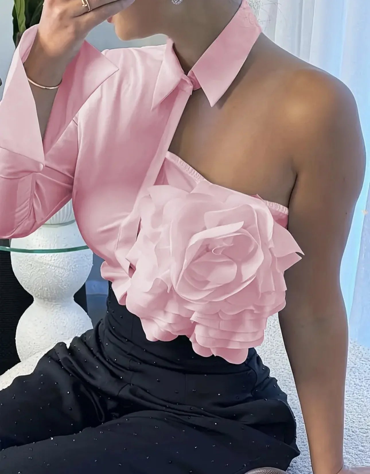 Harper Dale Sculpted Rose Asymmetric Blouse