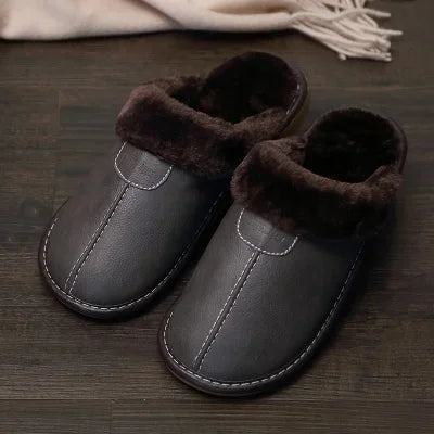 Gentleman's Retreat: Luxe Fleece-Lined PU Leather Winter Slippers