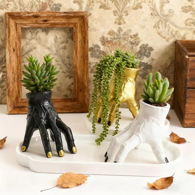 Three unique planters with succulents on a decorative surface with a patterned wall in the background.