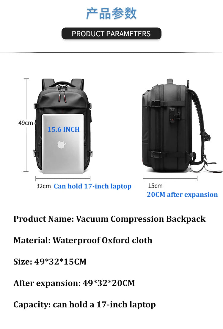 Travel Backpack with Expandable Vacuum Compression & Laptop Compartment