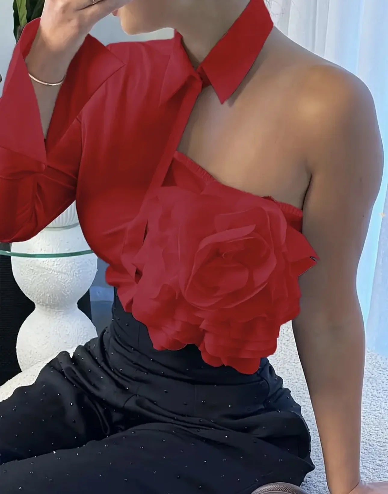 Harper Dale Sculpted Rose Asymmetric Blouse