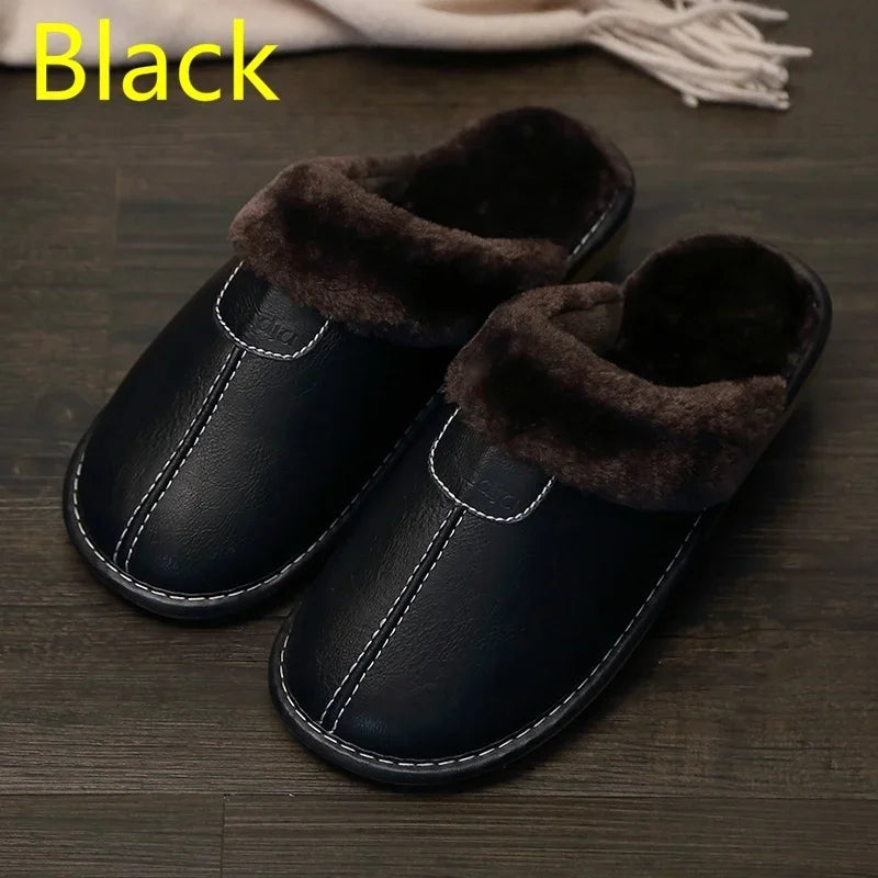 Gentleman's Retreat: Luxe Fleece-Lined PU Leather Winter Slippers