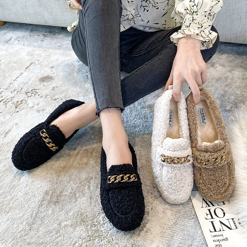 Luxurious Fleece-Lined Buckle Moccasins - Women's Cozy Autumn/Winter Loafers