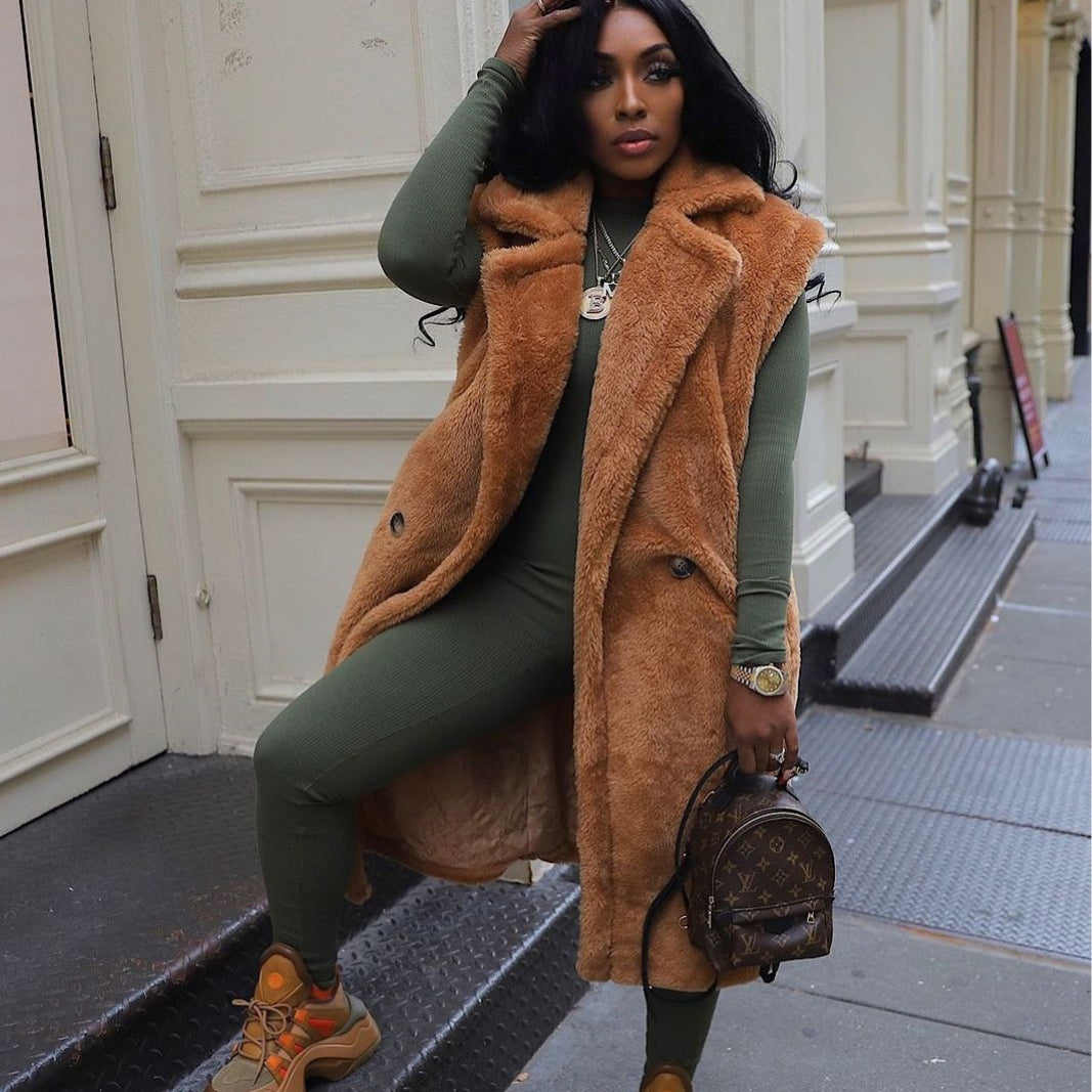 Teddy-Plush Sleeveless Vest Coat